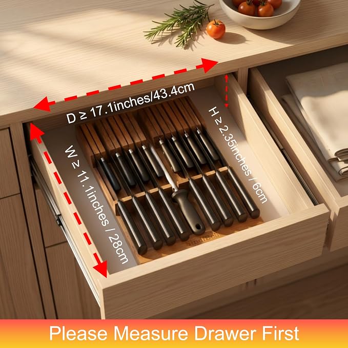 In Drawer Knife Block Acacia Wood, Knife Drawer Organizer Insert Large | 17-Slot Space Saving Drawer Knife Block, Secure Blade Tip Shield & Naturally Moisture-Free Timber (Knives Not Included)