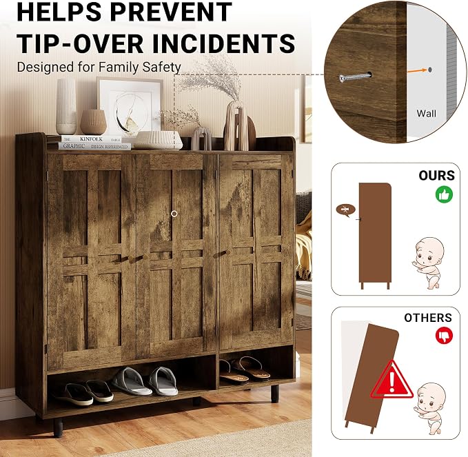 Shoe Cabinet with 3 Doors and Adjustable Shelves, Large Shoe Storage Cabinet for 24–30 Pairs, Modern Farmhouse Shoe Organizer with Open Bottom Shelf for Entryway, Living Room, Rustic Brown