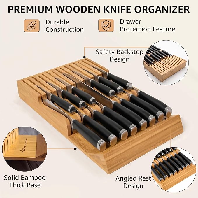 Flareware Bamboo Knife Drawer Organizer - 15-Slot In-Drawer Block for Steak & Large Knives, 2-Tier Bamboo Holder, Space-Saving Storage Organizer - (Knives Not Included)