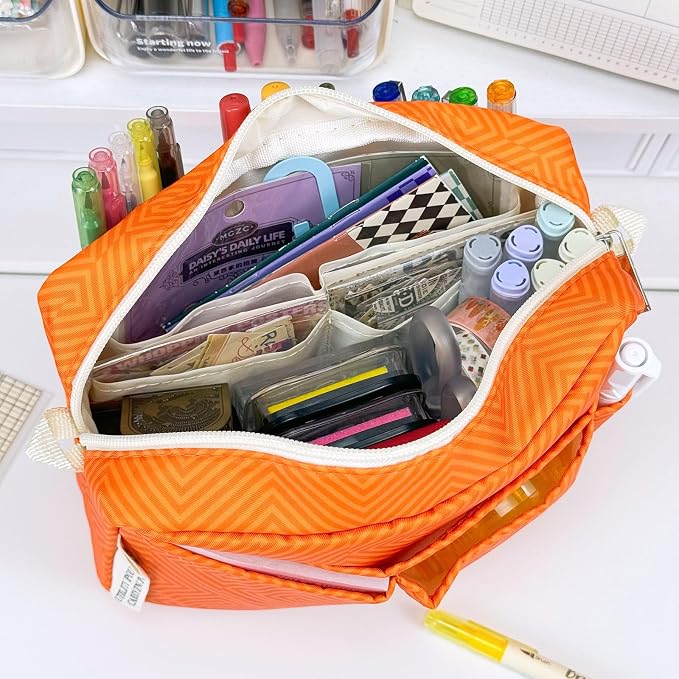 Portfolio Organizer with Multiple Pockets, Waterproof Travel Zippered Cosmetic Bag, Portable Storage Bag for Notebooks, Stationeries, Make-up, Journal Office Art Supplies.Orange