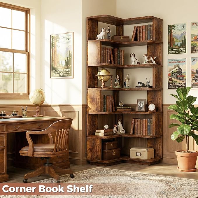 Besiost Corner Book Shelf, 7-Shelf Corner Bookshelf for Small Corner Spaces, L-Shape Bookcase Corner Display Shelf for Home Office, Living Room, Bedroom, Kitchen Pantry, Rustic Brown