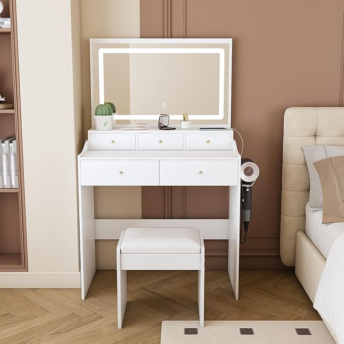 Small Makeup Vanity Desk with Large Mirror and Lights, Vanity Table with 5 Storage Drawer & Open Shelves, 3 Lighting Colors,LED Mirror Adjustable Brightness White Makeup Vanity