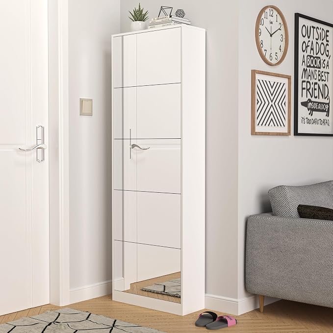 Mirrored Shoe Storage Cabinet with 5 Flip Drawers, 30 Pairs | Real Glass Mirror | Fits Men's Size 15 | Narrow Floor Standing | Entryway Organizer | Space-Saving | White