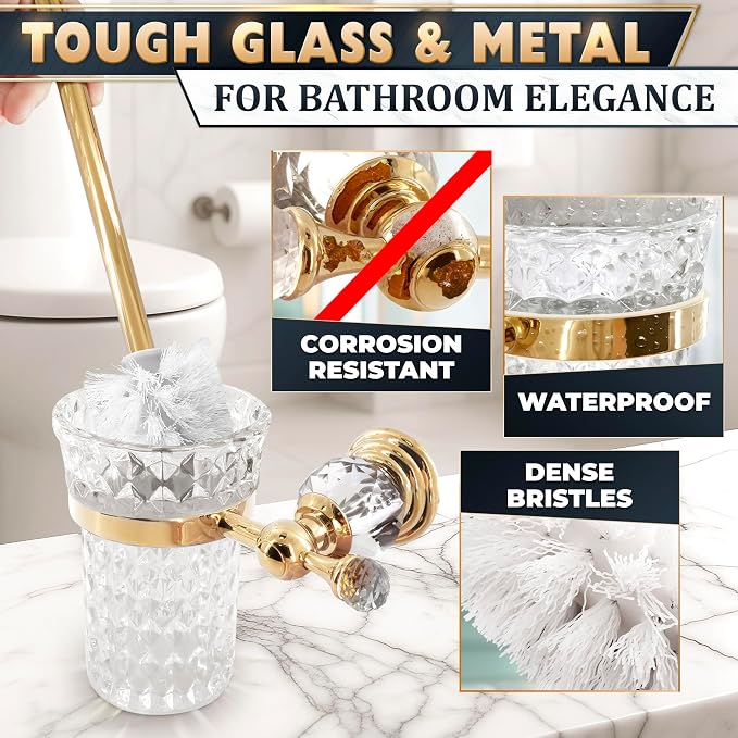Toilet Brush and Holder Set, Wall Mounted, Clear Bowl (Gold Crystal) | Toilet Bowl Brush and Holder Set, Polished Gold Handle, Space-Saving Wall Mount, Stainless Steel Body, for Elegant Bathrooms