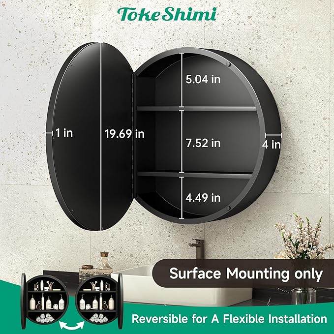 TokeShimi 20 x 20 Round Medicine Cabinet with Mirror, Black Circle Medicine Cabinet for Bathroom with Metal Frame, Detachable Shelves, Shatterproof, Surface Mount Only