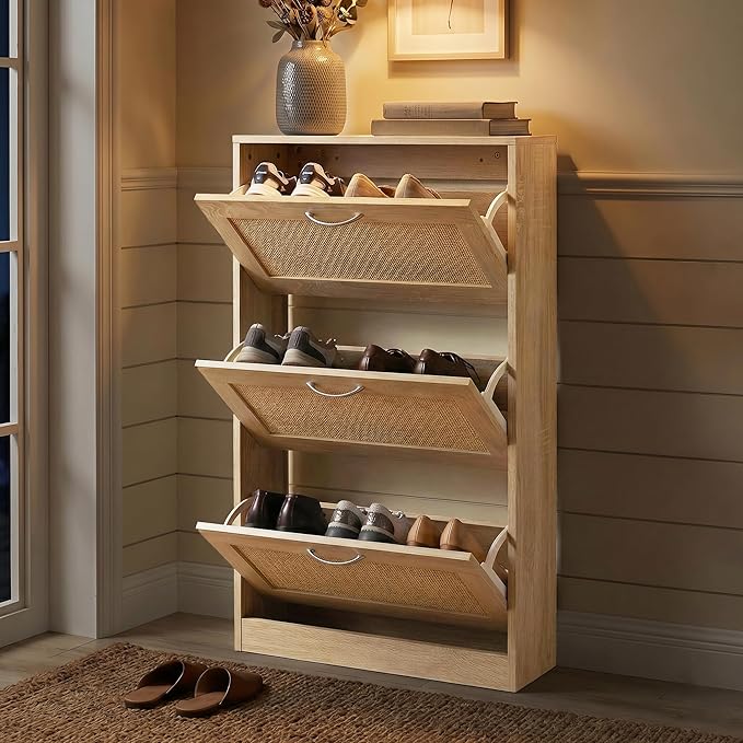 HOPUBUY Shoe Cabinet for Entryway, Narrow Shoe Storage with 3 Flip Drawers | Wood Slim Shoe Rack, 3 Tier Thin Shoe Organizer for Home and Apartment,Nature Rattan