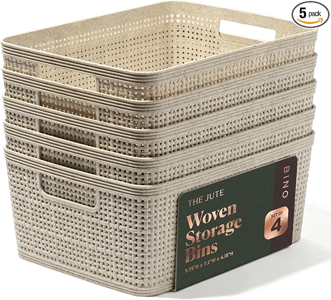 BINO | Woven Plastic Basket | Small (Natural), 5-Pack | THE JUTE COLLECTION | Home Organization, Space - Saving Storage, Stylish Design | Jute Basket | Plastic Storage Basket