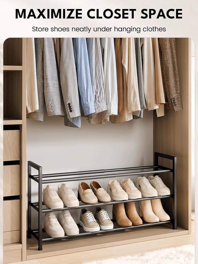 Bumusty 3-Tier Expandable Shoe Rack for Closet, 18“-33” Adjustable Shoe Rack for Small Space, Small Shoe Organizer for Front Door, Sturdy Metal, Black