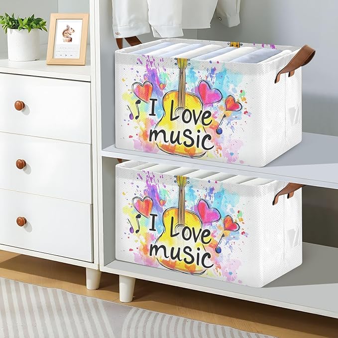 I Love Music Quoted Musical Guitar Storage Basket Foldable Cube Storage Bins with Handles&Label Collapsible Organizer Box Bin Large Rectangle Decorative Baskets for Shelves Home Room Closet, 2 Pack