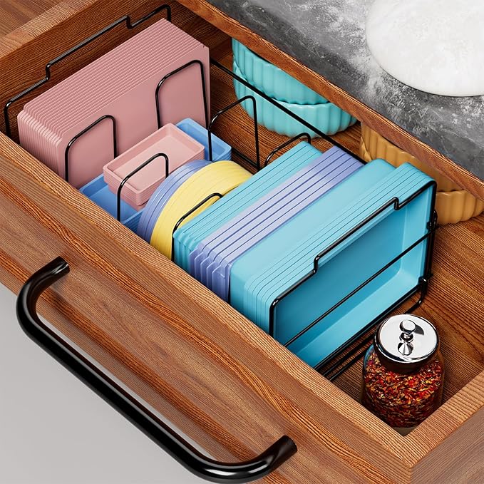 Food Container Lid Organizer, Large Capacity Adjustable 4 Dividers Detachable Lid Organizer Rack for Kitchen Cabinets, Drawers, Plastic Lid Organizer For Pantry Shelves, Cupboards, Black