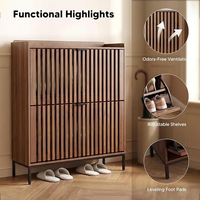 Shoe Cabinet for Entryway, Slim Freestanding Shoe Rack Organizer with 2 Flip Drawers, Narrow Hallway Storage Cabinet with Breathable Doors, Classic Walnut