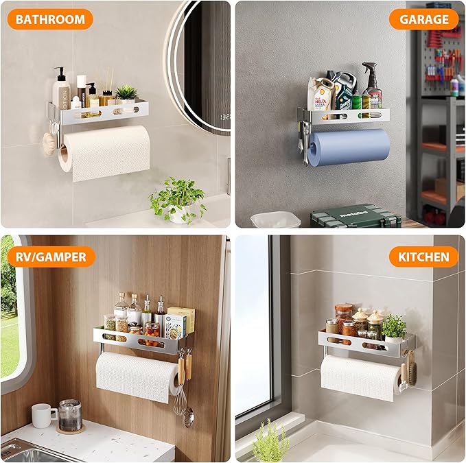 Paper Towel Holder Wall Mount for Bathroom, Paper Towel Holder with Shelf for Kitchen, RV Paper Towel Rack Stainless Steel, Silver