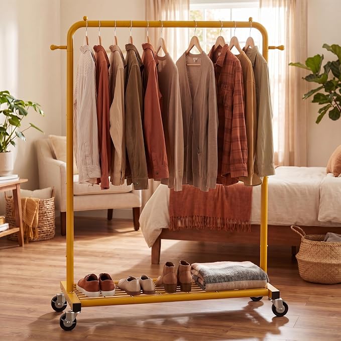 Sywhitta Clothing Rack on wheels, Clothes Rack with Bottom Mesh Storage Shelf,Sturdy Metal Frame,for Hanging Clothes,Coats,Skirts,39.76 "W x 16.06" D x 63.78" H,Gold Yellow