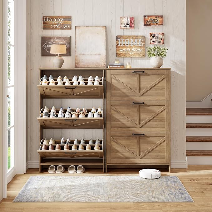 Nicetree Shoe Cabinet for Entryway, 3 Flip Drawers Shoe Storage Cabinet with 3-Tier Adjustable Shelves, Ultra Slim Freestanding Hidden Shoe Organizer with Barn Door Design, Caramel Brown