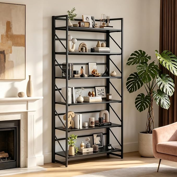 JSB 6 Tier No Assembly Folding Bookshelf, 30.7" Wide Foldable Storage Bookcase for Home Office, Space-Saving Storage Shelf for Living Room (Black)