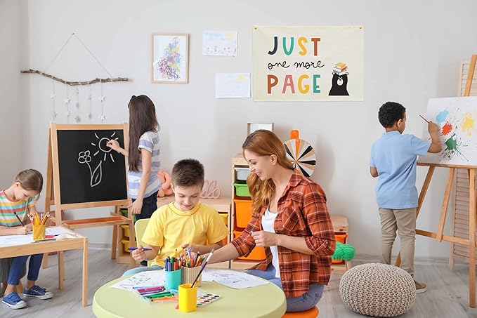 Classroom Wall Banner Decor-Teacher Gift-Inspirational Back to School Wall Art Flag Decor-Just One More Page-Hanging Canvas Banner for Classroom Reading Corner Homeschool Teacher Office
