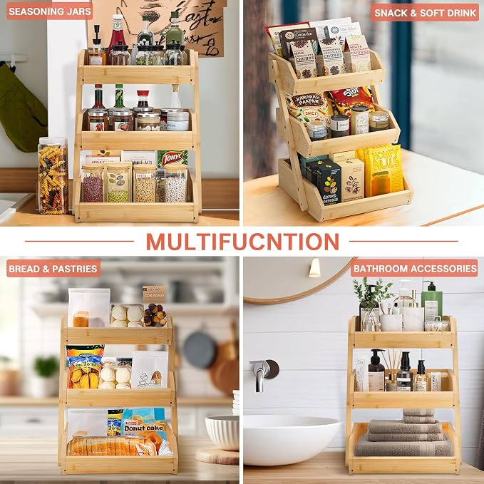 G.a HOMEFAVOR Bamboo Fruit Basket, Fruit Organizer for Kitchen Counter, Vegetable Storage Stand, 15 mm Thickness (Self-assembly)