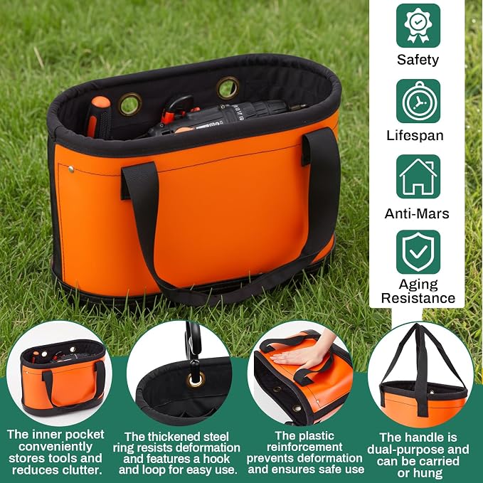 Oval Hard Bucket Tool Organizer, Utility Plastic 14 Pocket Polypropylene Tool Bucket Bag with Hook and Drain Holes for Home Garage Light Trade Lineman Tools, Without Stand