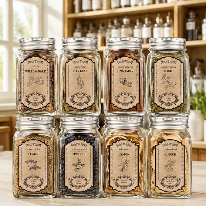 WATINC Vintage Herb and Spice Labels - 90PCS Apothecary Jar Stickers | Vintage Sketch Style, Waterproof Tags, Bottle Labels with Latin Names & Meanings, Various Designs for Kitchen Pantry