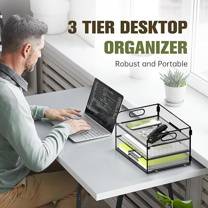 DALTACK 3 Tier Paper Organizer with Handle, Mesh Metal Desk Organizer with Sliding Paper Trays for Letter/A4 Paper, Mail, Bills & Folders, Black