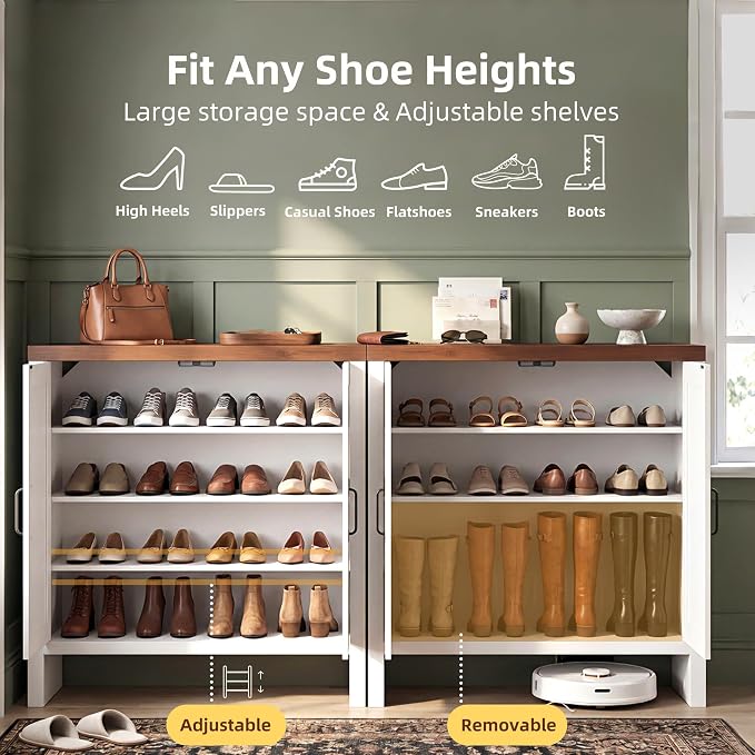 Shoe Cabinet, 4-Tier Shoe Storage Cabinets with Doors and Adjustable Shelves, Thickened Wood Freestanding for Entryway, Hallway, Closet, Organizer Rack, Walnut and White JSC004WWB