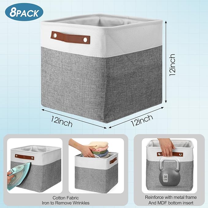 Uiifan 8 Pack 12 x 12 x 12 Inch Large Storage Baskets Collapsible Fabric Storage Cubes Bins with Handles for Shelves Closets Nursery Home Clothes Toys Organizers, Gray