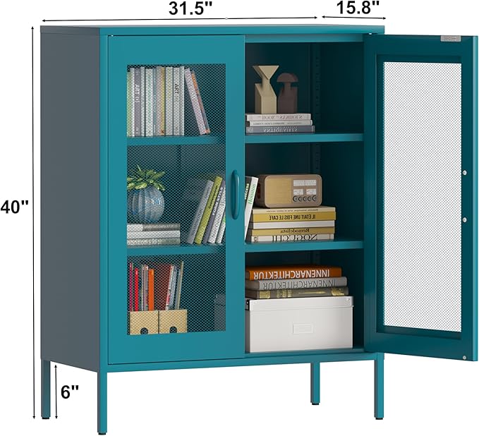 Ustamio Blue Metal Storage Cabinet with Mesh Doors, Small Office Storage with 2 Adjustable Shelves, Accent Metal Locker for Home, Office, Living Room, Hallway