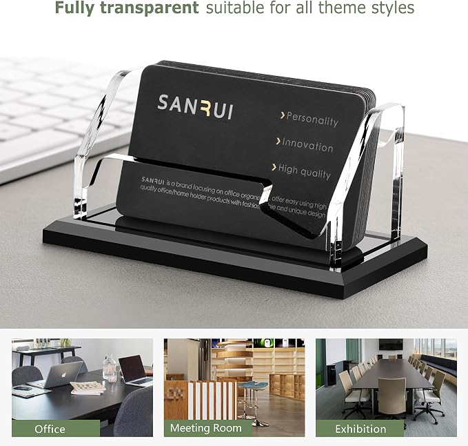 SANRUI Acrylic Business Card Holder, Black Business Cards Display Stand for Desk, Clear Horizontal 1 Slot Desktop Organizer, 60 Card Capacity