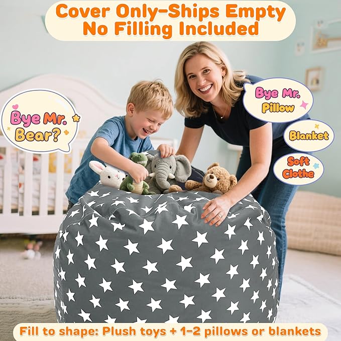 Lukeight Stuffed Animals Storage Bean Bag Chair Cover Only (Ships Empty, No Filling) - Velvet YKK Zipper Beanbag Cover for Toddlers and Kids, Washable Plush Toy Organizer, Large 27" D x 16" H