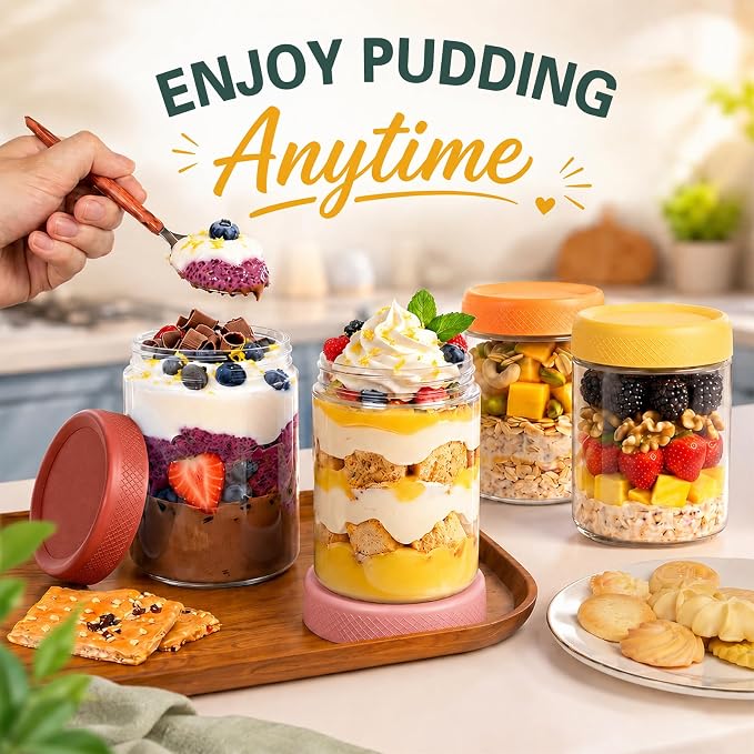 Overnight Oats Containers with Lid, Overnight Oats Jars, Glass Jar with Lid | 6 Pack Air Tight Overnight Oats Jars, Chia Pudding Glass Jars with Lids, Parfait Cups with Lids, Sugar Bowls for Yogurt