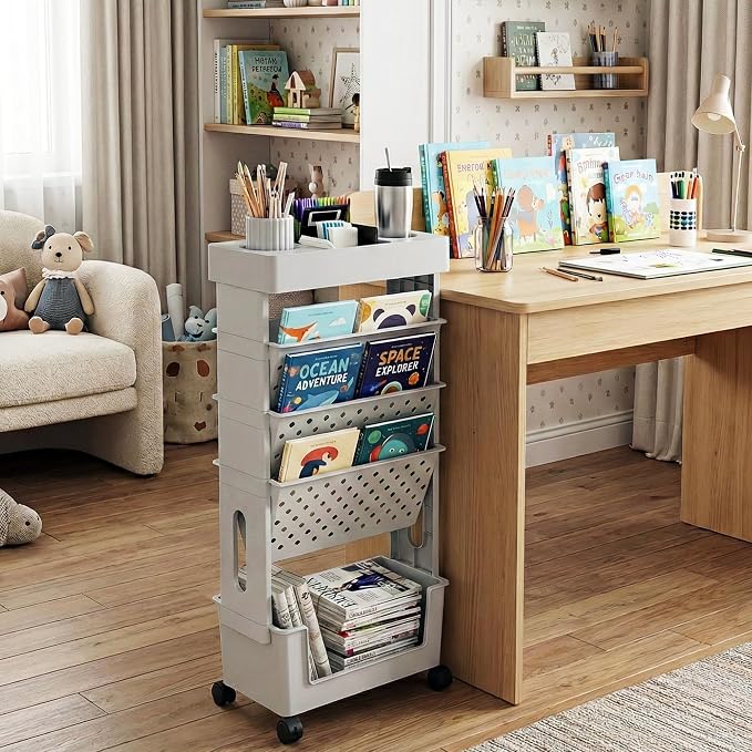 5-Tier Rolling Bookshelf Magazine Rack with Wheels Gray | Mobile Bookcase, Book Storage File Folder Organizer Cart for Home Study Office Living Room Classroom