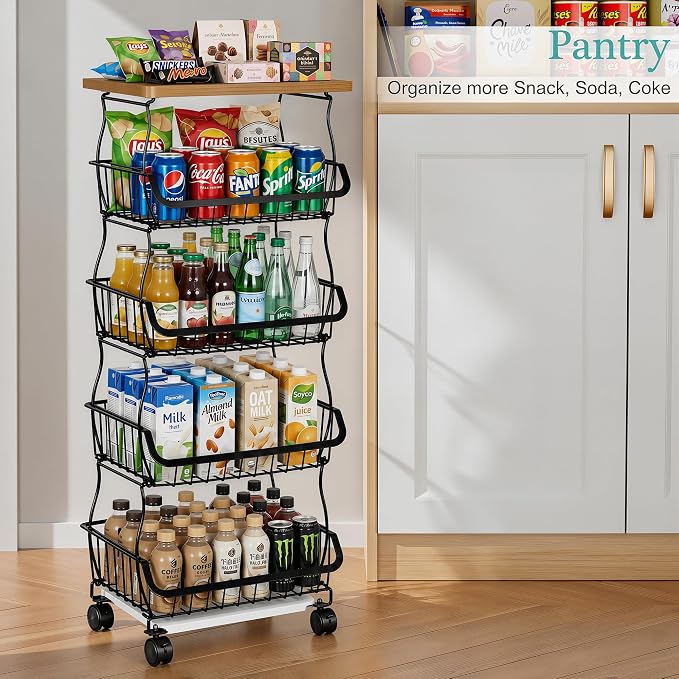 VECELO 5-Tier Fruit Basket with Wheels, Fruit and Vegetable Storage Cart for Kithchen, Stackable Produce Organizer Wire Baskets for Kitchen, Pantry, Living Room