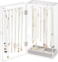 Lolalet Necklace Holder Organizer, Acrylic Jewelry Organizer with 24 Hooks, Rotating Clear Necklaces Display Box, Dust-proof Jewelry Storage Case with Velvet Tray -Clear