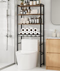4-Tier Over-the-Toilet Storage Rack with One-Piece Wooden Shelves & Open Net Basket, Bathroom Organizer with Adjustable Feet & Anti-Tip Kit, Space-Saving Toilet Shelf, Brown, 24.4" x 9.4" x 69.3"