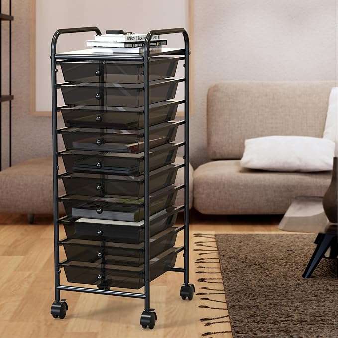 Simple Houseware 10 Drawers Rolling Utility Cart Organizer, Black | 1-Column, 36" Height, Lockable Wheels, for School, Office, Art Craft, and Paper Storage