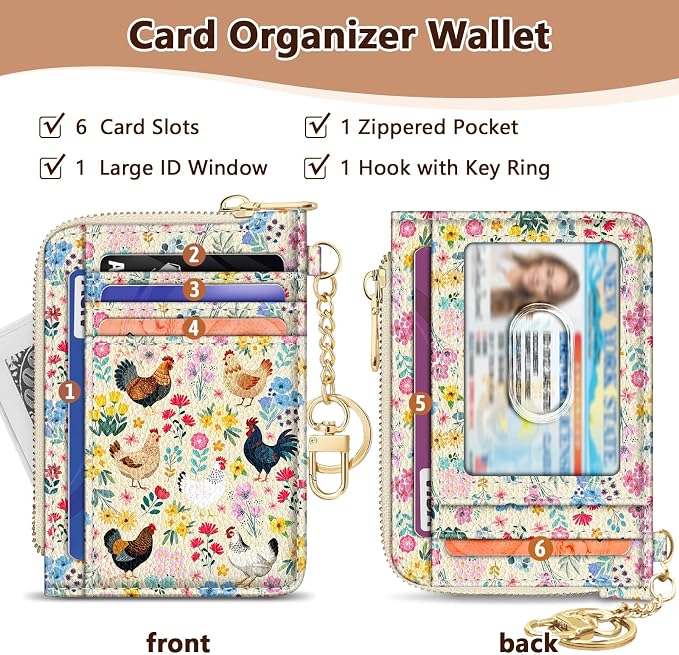 GIANCOMICS Slim Wallet Credit Card Holder Women, Chicken Rooster Flower Rfid Small Card Case, Keychain Thin Pocket Curved Zipper Wallet, Travel Card Holder PU Leather ID Window, Ladies Female Gifts