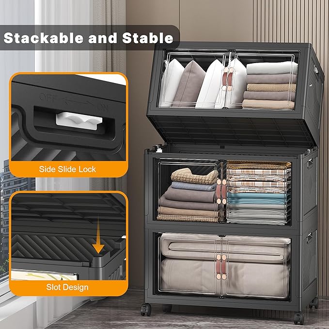 UAMFURI Stackable Storage Bins with Lids, Extra Large Plastic Organizer Cabinet Drawers, 672QT Collapsible Closet Containers with Doors and Wheels,For Bedroom, Kitchen, Office, Garage,(6Pack Cube)