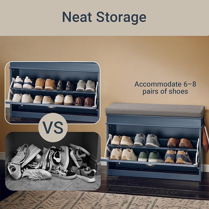 Haotian Shoe Storage Bench with Cushion, Navy Narrow Shoe Rack for Entryway, Small Shoe Cabinet with Flip-Drawer, Closet Hallway Mudroom FSR82-L-B