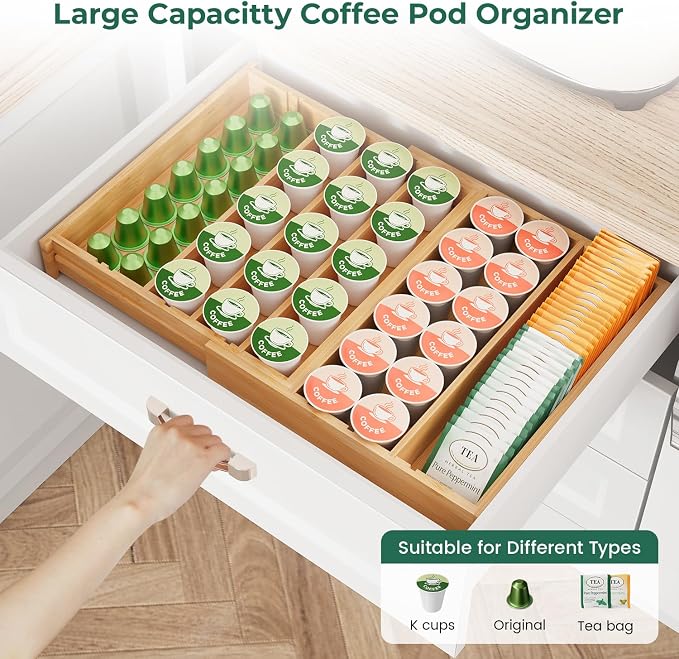 EsLuker.ly Bamboo Coffee Pod K Cup Holder Organizer for Drawer Insert Counter, Expandable Coffee Tea Storage Tray Compatible with Nespresso Vertuo Capsules - Easy Access for Office Home Kitchen
