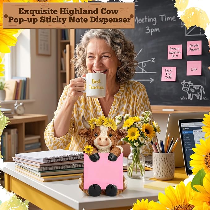 Thenshop Fall Sunflower Highland Cow Pop up Sticky Note Holder Autumn Resin Highland Cow Note Dispenser with 100 Sheets 3 x 3 Inch Sticky Notes Desk Accessory for Fall Harvest Office Home