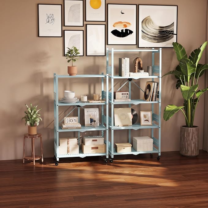 WORKPRO 5-Tier Folding Shelf, No-Assembly Metal Storage Rack with Wheels, 750 lbs Capacity (with Leveling Feet), Collapsible Shelving Unit for Kitchen, Pantry, Closet & Craft Shows - Blue