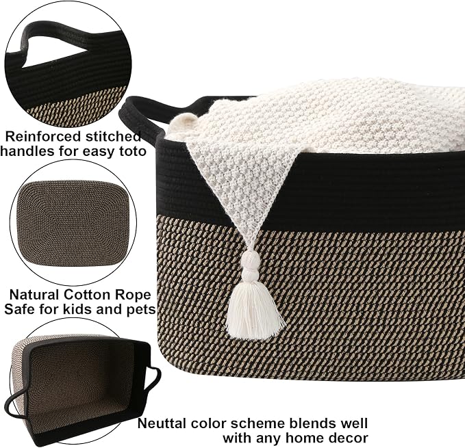 96L XXXLarge Woven Laundry Basket with Sturdy Handles - Black/Jute | Machine washable,Space-Saving Collapsible Design,Cotton rope, blanket basket living room,for toys clothes nursery bathroom
