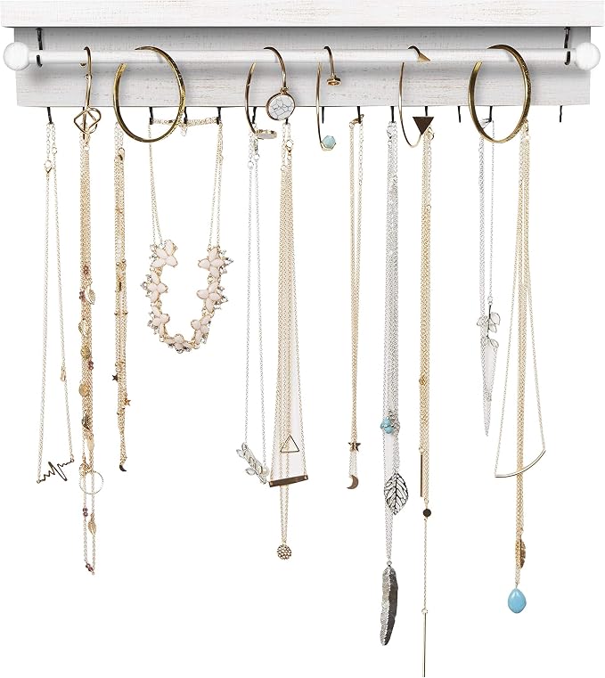 Rustic White Necklace Jewelry Organizer - Wall Mount Jewelry Holder - Mounted Hanging Jewelry Storage Hooks for Necklace, Earrings, and Rings - Farmhouse Wood Decor Bedroom Boho Shelf Rack