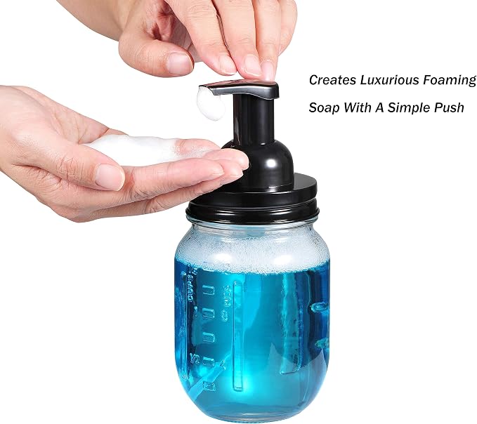Amolliar Mason Jar Foaming Soap Dispenser Pump, Plastic Foam Soap Pump Rustproof Stainless Steel Lid, Refillable Hand Soap, Waterproof Labels, Cute Farmhouse Decor, Bathroom Accessories, Black 2 Pack