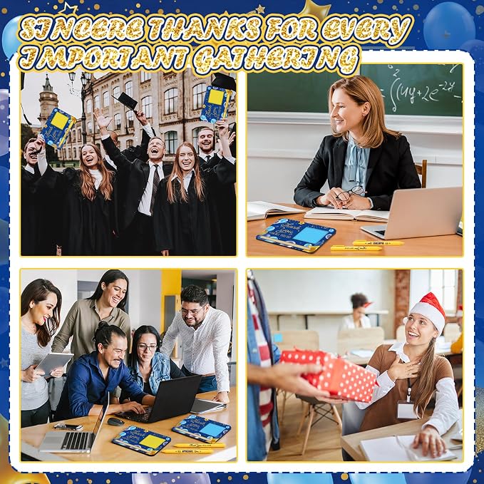 Kosiz 10 Set Back to School Teacher Gifts Blue Gold Wooden Sticky Note Holder with Notes and Ballpoint Pens Inspirational Sticky Notes Sets for Teacher Back to School Thank You Gift