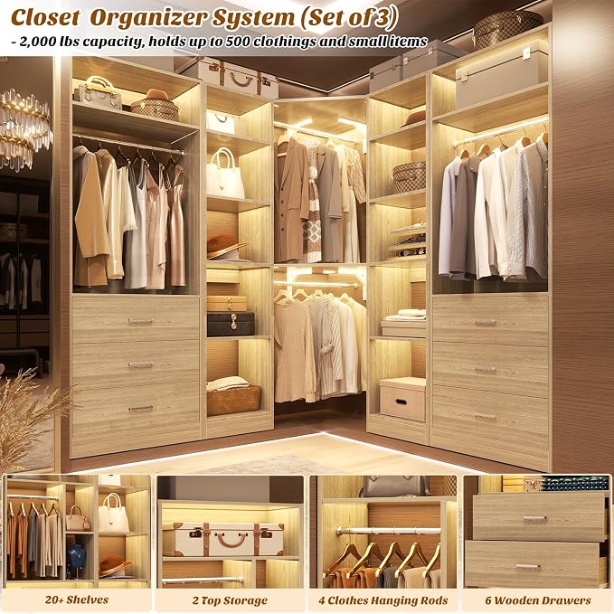Besiost Corner Closet System with 6 Drawers, Closet Organizer System with 14 Shelves & 4 Hanging Rods, 87.2"L * 39.2"W / 63.2"L * 63.2"W Reversible L Shaped Walk-in Closets, Load 2500+LBS, White Oak