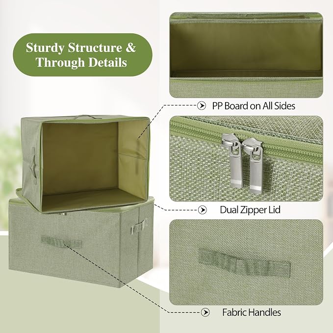 ANMINY 3PCS Storage Bins with Zipper Lids 36 Qt Lidded Fabric Storage Boxes Baskets Cubes with Handles Collapsible Washable Cotton Linen Closet Shelf Clothes Organizer Containers - Green, Large