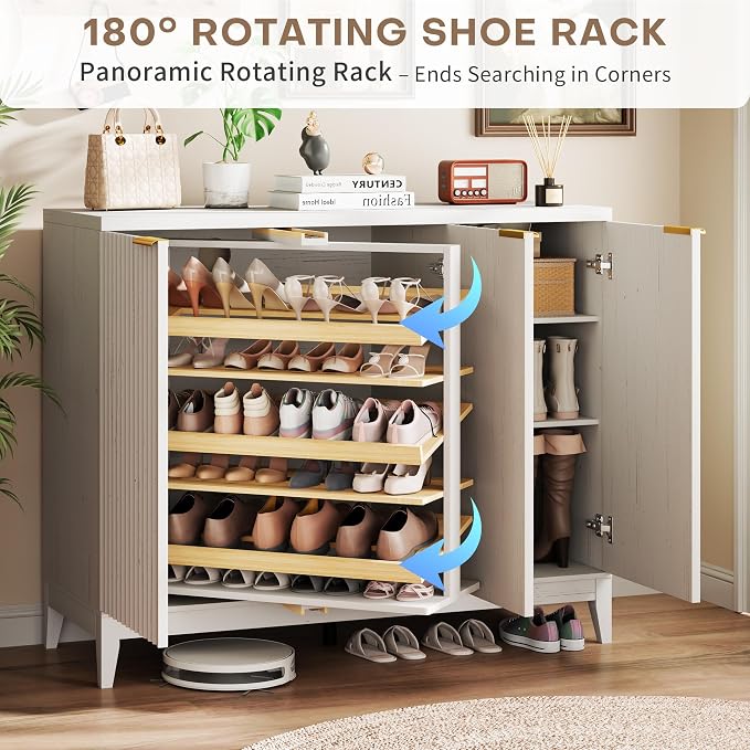 Vlsrka Shoe Storage Cabinet with Fluted Doors and Adjustable Shelves | 6 Tier Wooden Shoe Organizer, Large Capacity, Human Sensor Lighting, 180° Rotating, for Entryway, Hallway, Living Room, White