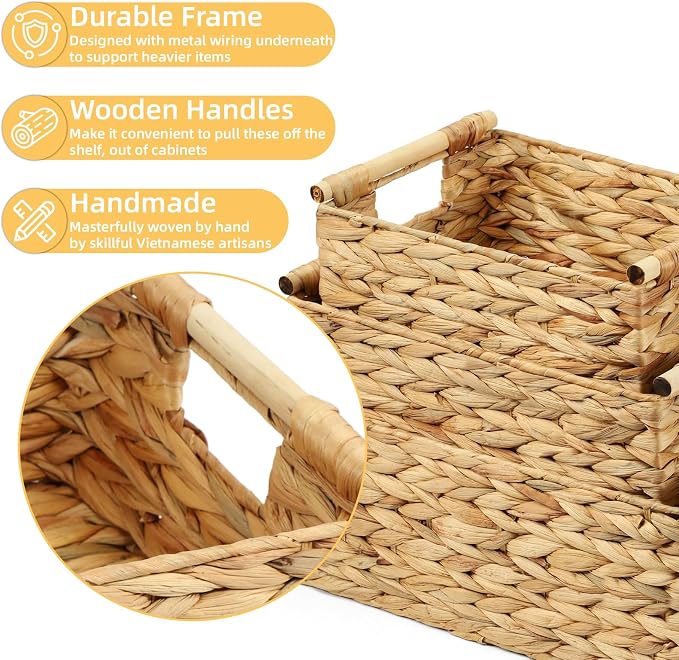 Wicker Storage Baskets for Organizing 3 Pack,Natural Water Hyacinth Ratten Baskets with Wooden Handles, Decorative Handwoven Storage Baskets for Shelves, Bathroom, Pantry or Kitchen