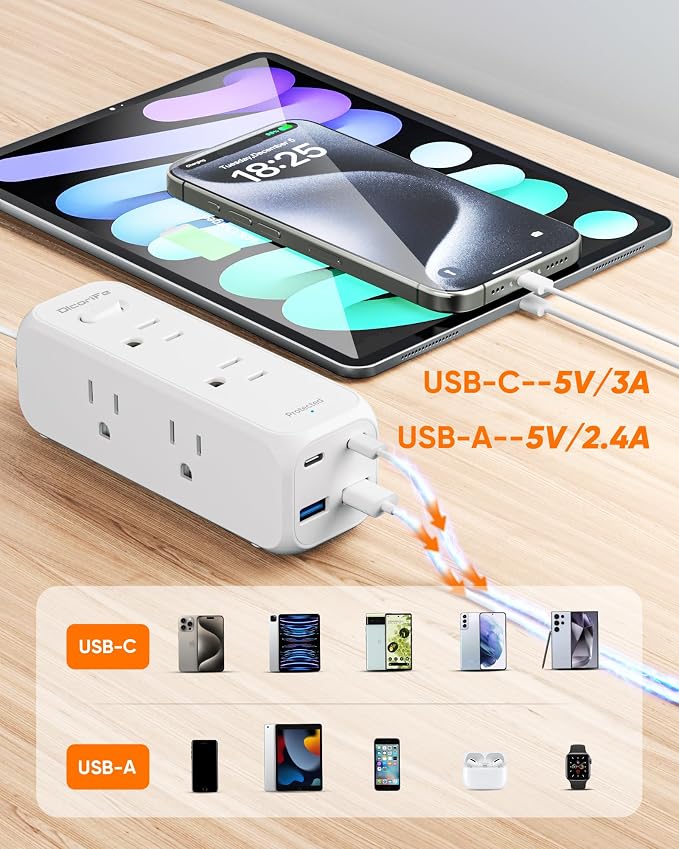 Olcorife Flat Plug Power Strip with 3 FT Extension Cord, 6 Outlets 4 USB Ports(2 USB C), 3 Sided Outlet Extender for Home Office Travel Dorm Room Essentials, White